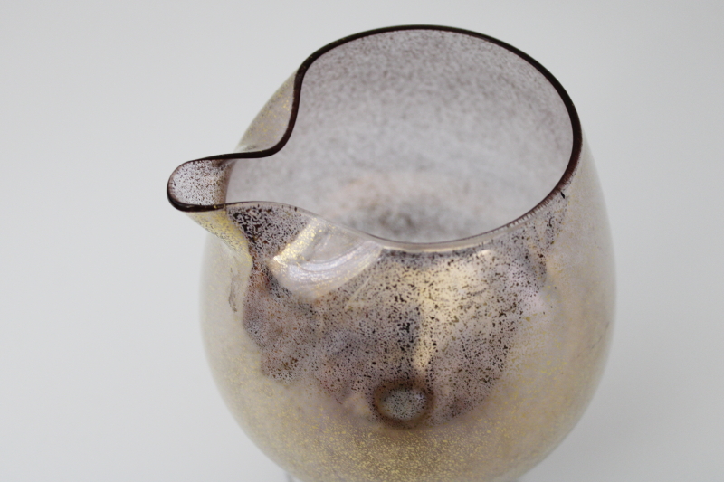60s 70s vintage gold spatter glass fishbowl shape cocktail pitcher, mod barware