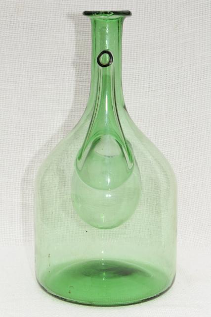 60s 70s vintage hand blown glass wine chiller bottle, ice holder cooler decanter