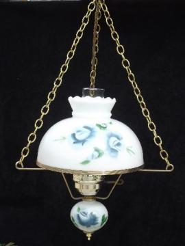 60s 70s vintage hanging lamp swag light, hand-painted milk glass shade