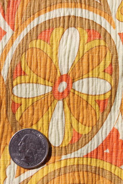 60s 70s vintage mod orange & yellow paisley swirls print crinkle cotton fabric