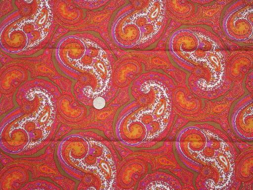 60s 70s vintage orange & pink paisley cotton fabric, hippie mod print