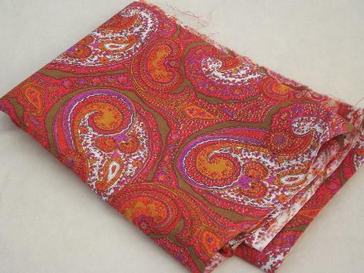 60s 70s vintage orange & pink paisley cotton fabric, hippie mod print