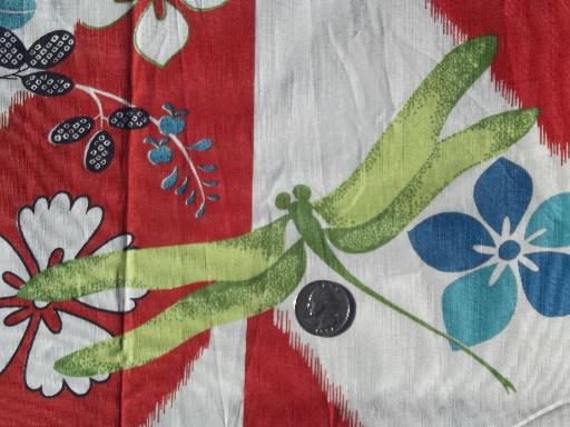 60s 70s vintage print linen fabric, dragonflies, large tropical flowers