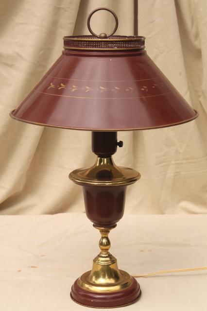 60s 70s vintage tole table lamp w/ metal shade, burgundy red wine w/ antique gold