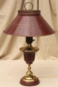 60s 70s vintage tole table lamp w/ metal shade, burgundy red wine w/ antique gold