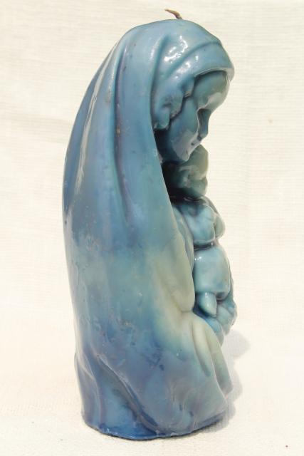 60s 70s vintage wax candle sculpture, large blue Madonna & Child retro Christmas candle