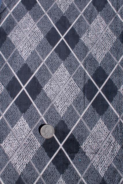60s mod black & white argyle print cotton corduroy fabric, pincord pin wale soft vintage cord