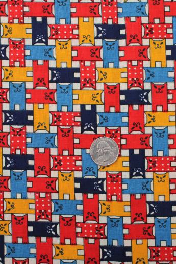 60s mod cats vintage cotton fabric, retro kitty cat print in bright colors