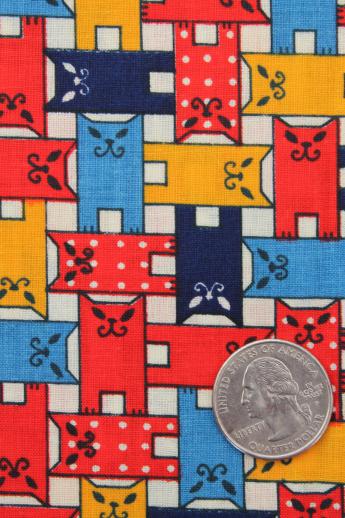 60s mod cats vintage cotton fabric, retro kitty cat print in bright colors