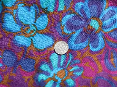 60s mod cotton sateen fabric, big retro flowers print, blue, green, purple!