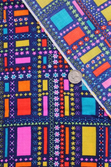 60s mod vintage polyester fabric, poly crepe w/ retro print squares in bright colors