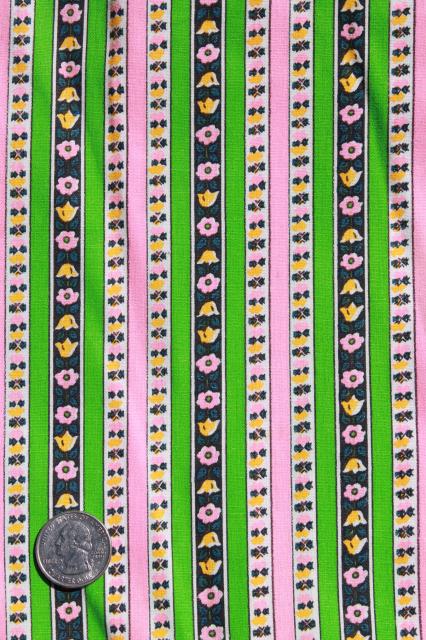 60s retro kelly green / bright pink flowered stripe cotton or blend, vintage fabric