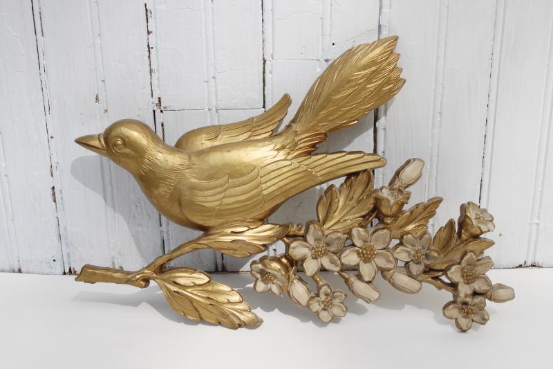 60s vintage Dart plastic gold rococo wall art plaque robin bird on branch