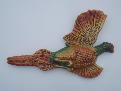 60s vintage Miller chalkware wall plaques, pheasants for cabin or camp