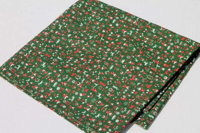 60s vintage Scandinavian style folk print cotton fabric, people & animals in pine green & red