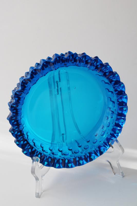 60s vintage big glass ashtray, Fenton hobnail pattern, colonial blue glass