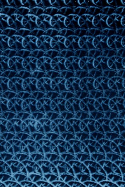 60s vintage blue crushed velvet upholstery fabric, mod squiggle figured plush