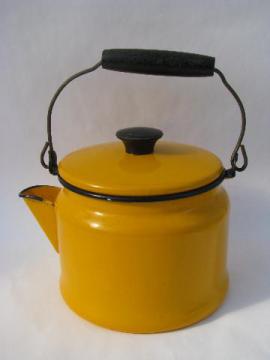 60s vintage bright yellow enamel teakettle, big tea kettle pot w/ wood handle