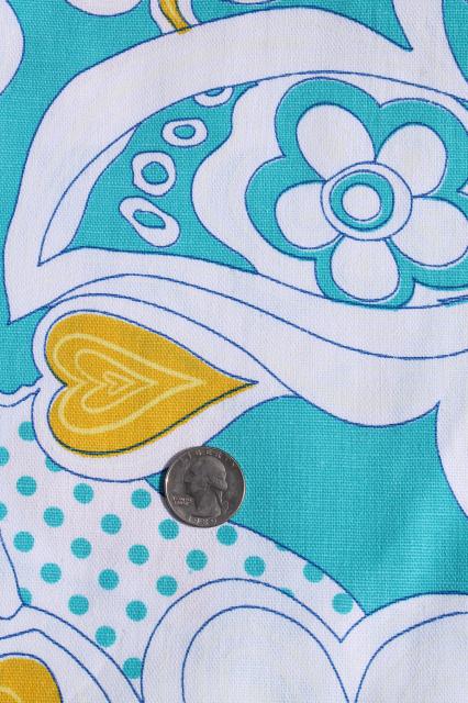 60s vintage cotton fabric, aqua / yellow psychedelic zentangle style flowered print