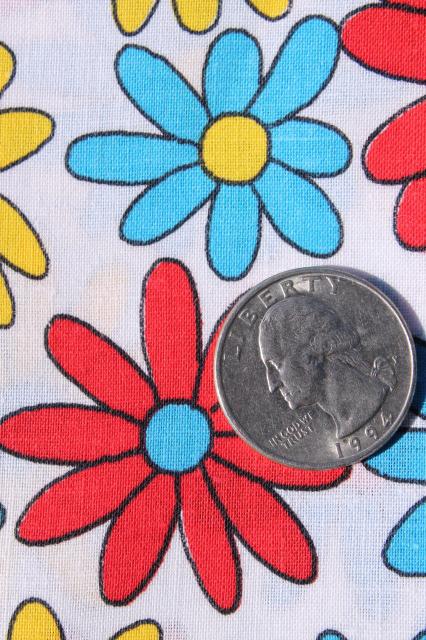 60s vintage cotton fabric w/ flower power daisy print in aqua, red, yellow