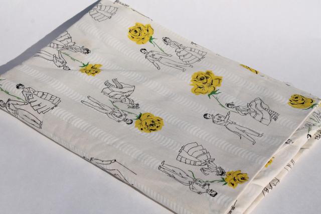 60s vintage cotton fabric, novelty print Spanish dancers & yellow roses 