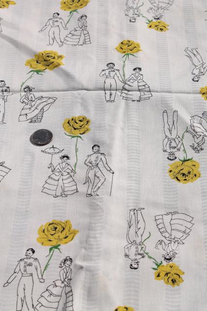 60s vintage cotton fabric, novelty print Spanish dancers & yellow roses 