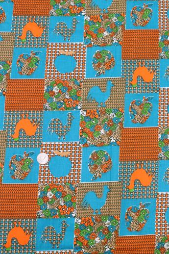 60s vintage cotton print fabric, country calico patchwork roosters & apples