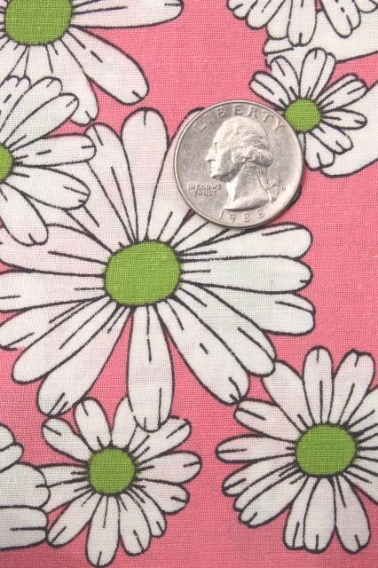 60s vintage fabric, pink & white daisies print cotton flower power daisy print