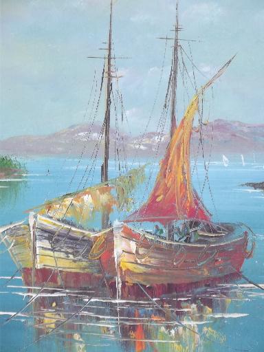 60s vintage factory art seascape w/ boats, souvenir oil painting on canvas