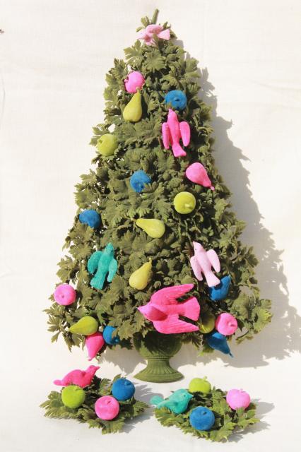 60s vintage flocked Christmas tree door decoration, pink & aqua birds retro kitsch