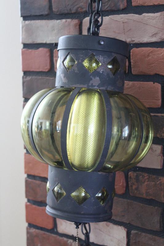 60s vintage hanging light pendant, green glass lantern w/ black iron chain swag lamp
