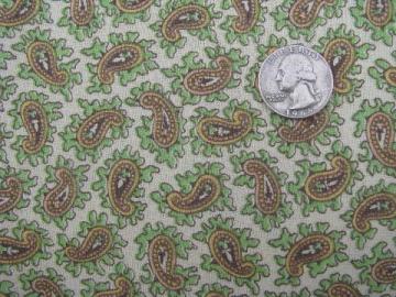 60s vintage hippie style paisley print cotton fabric, green earth tones