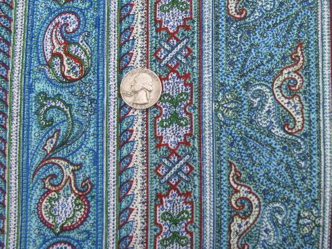 60s vintage hippie style paisley print cotton fabric, shades of blue