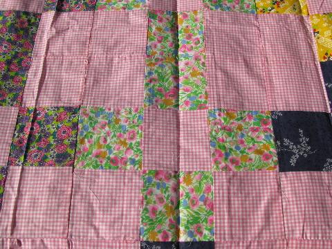 60s vintage pink and prints patchwork blocks quilt top, retro flowers!