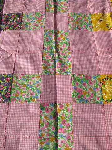 60s vintage pink and prints patchwork blocks quilt top, retro flowers!
