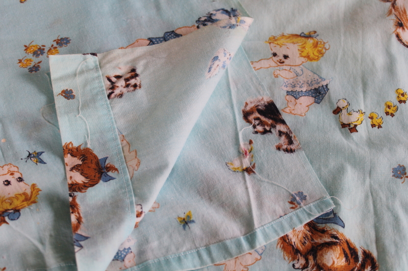 60s vintage print cotton fabric cute babies w/ kitties, puppies, shaggy dog