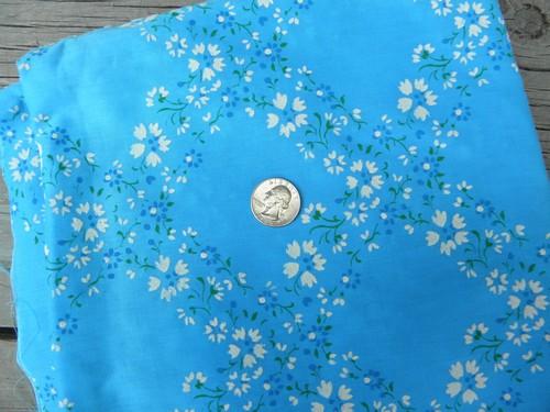 60s vintage sheer azure blue cotton blend fabric, white flocked flowers