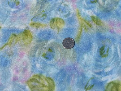 60s vintage sheer nylon or poly fabric, soft floral print in blues