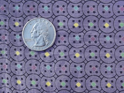 60s vintage silky acetate fabric, mod circles print on deep lavender
