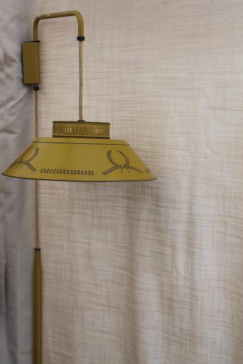 60s vintage yellow tole shade lamp, wall mount counterweight adjustable pull down hanging light