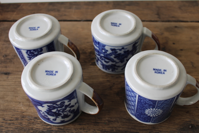 70s 80s vintage Korea stoneware coffee mugs, blue chinoiserie china patterns 