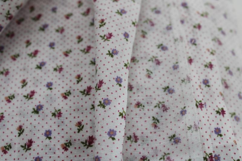 70s 80s vintage cotton poly fabric, tiny print flowers & pin dots in pink & purple