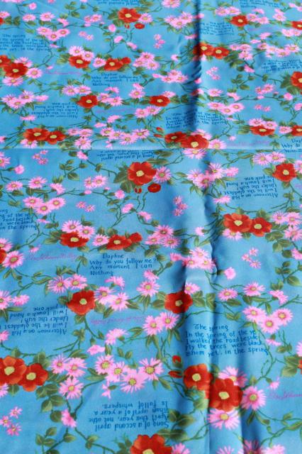 70s 80s vintage fabric Edna St Vincent Millay poetry quotes on silky poly shirting / lining fabric