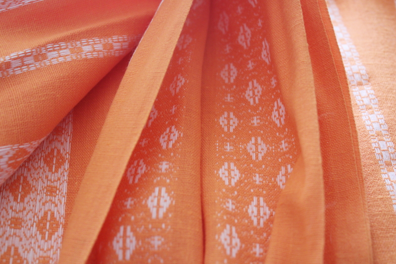 70s hippie vintage woven stripe cotton fabric, white on tangerine orange sherbet color
