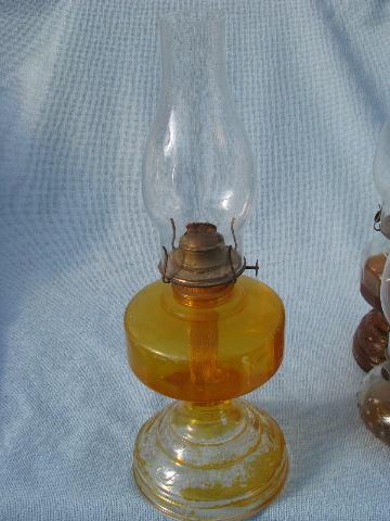 70s homesteading vintage glass oil lamps w/ shades, kerosene lamp lot