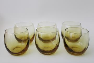 70s mod vintage Libbey roly poly glasses, Tiara gold optic pattern amber glass