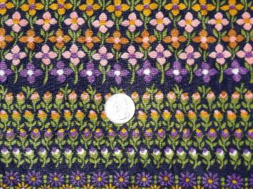 70s retro print poly tricot knit fabric, striped rows of garden flowers