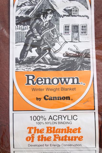 70s vintage Cannon acrylic bed blanket, new in package, chestnut brown solid color