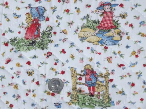 70s vintage Holly Hobbie girls print fabric, pre-quilted cotton blend