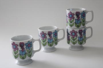 70s vintage Japan ceramic stackable mugs, retro floral blue  purple daisies  butterflies